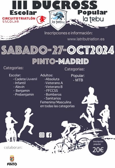 El próximo domingo 27 de octubre, la localidad madrileña de Pinto acogerá la tercera edición del DuCross Popular La Tribu 4BS Triatlón